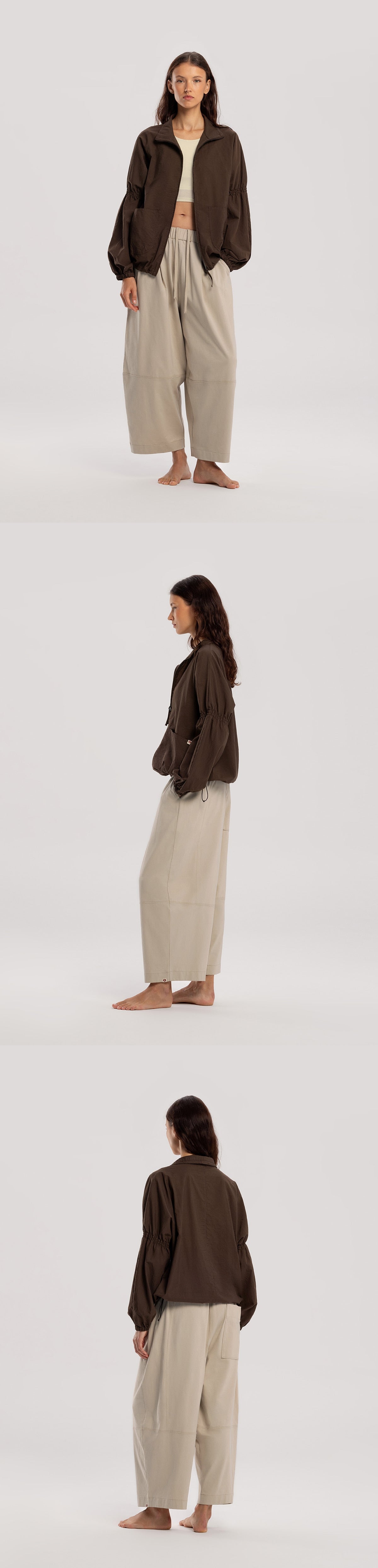 Shirring zip-up jacket_Brown