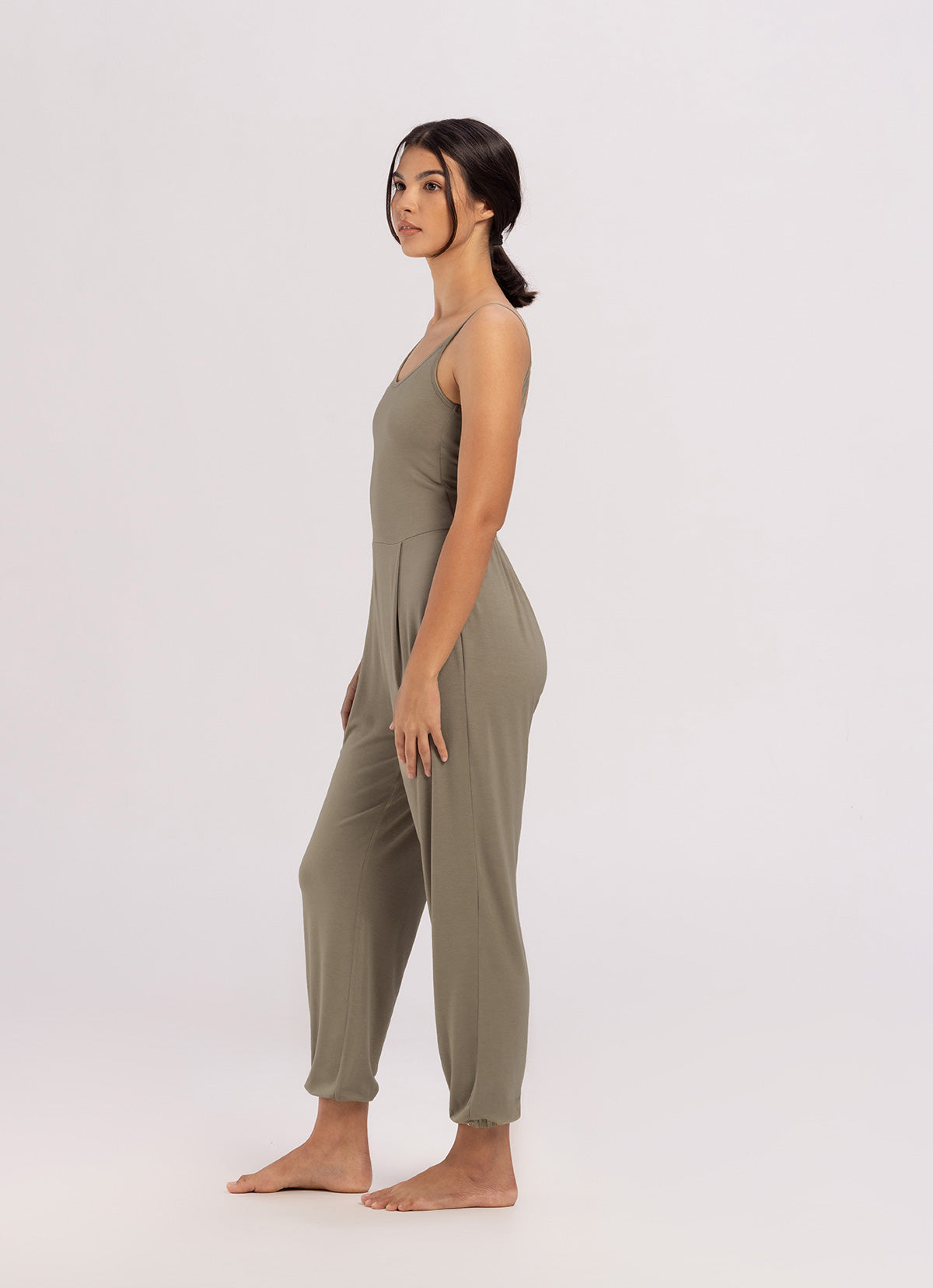 Deep V jumpsuit_Grey Khaki