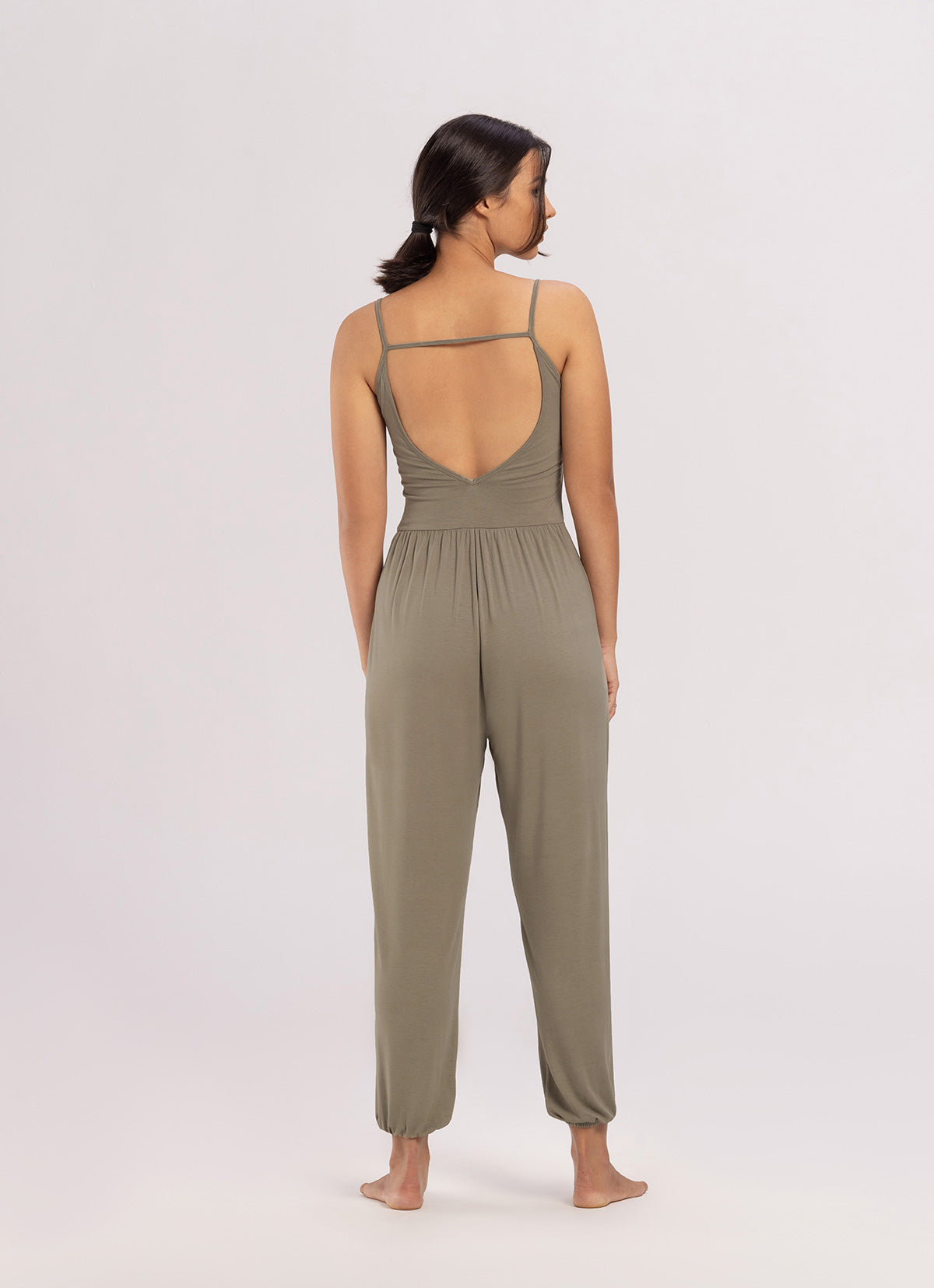 Deep V jumpsuit_Grey Khaki