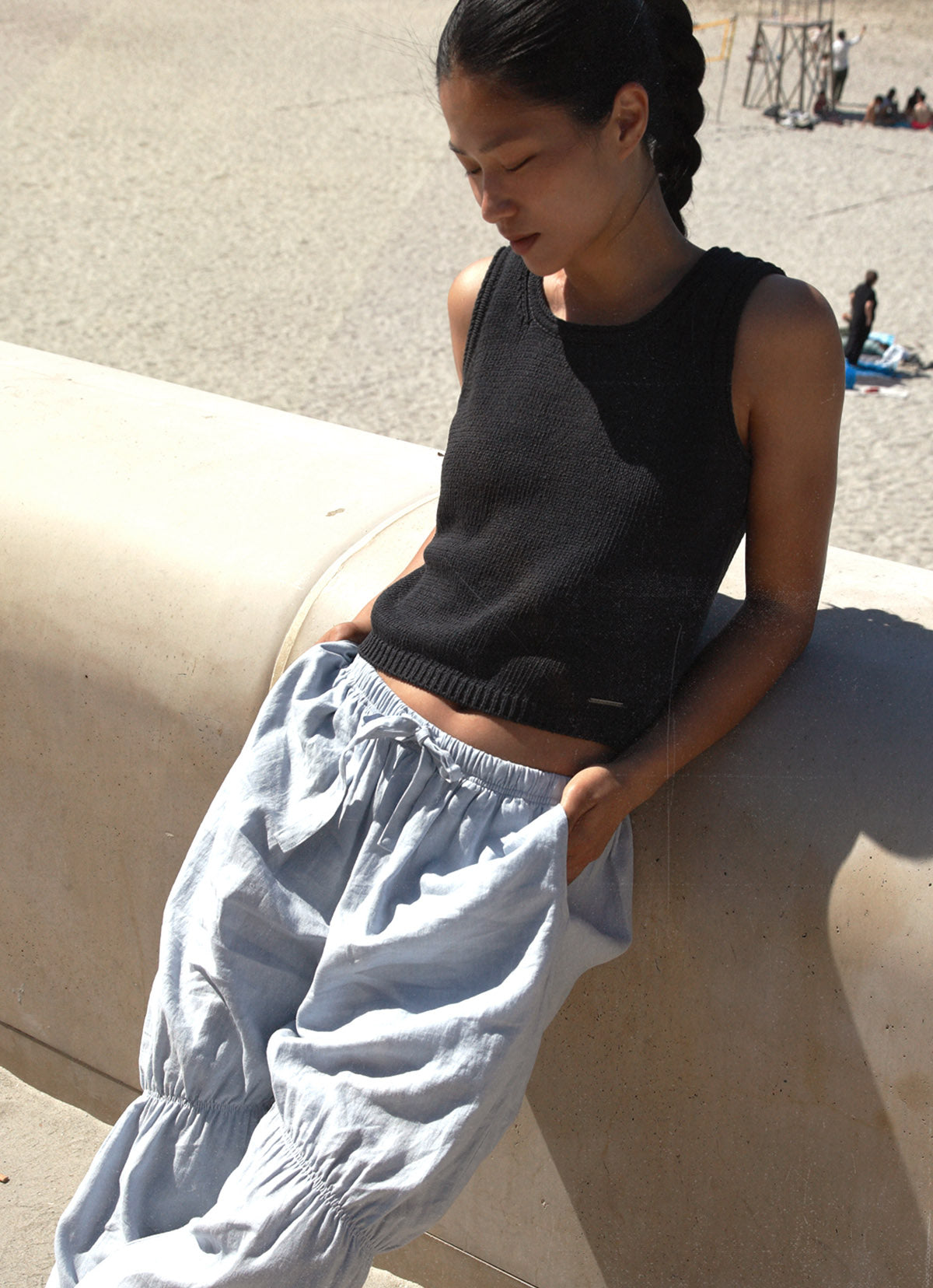 Linen shirring pants_Light Blue