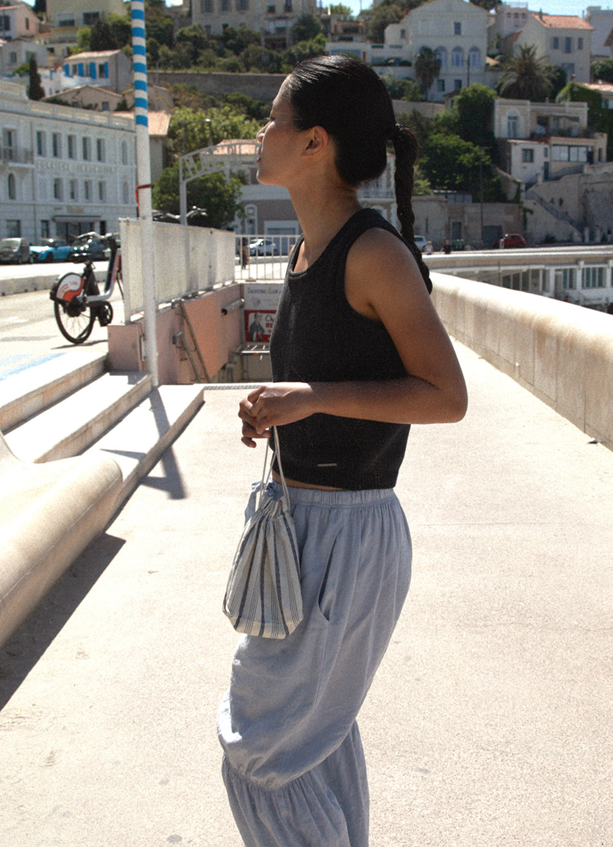 Linen shirring pants_Light Blue