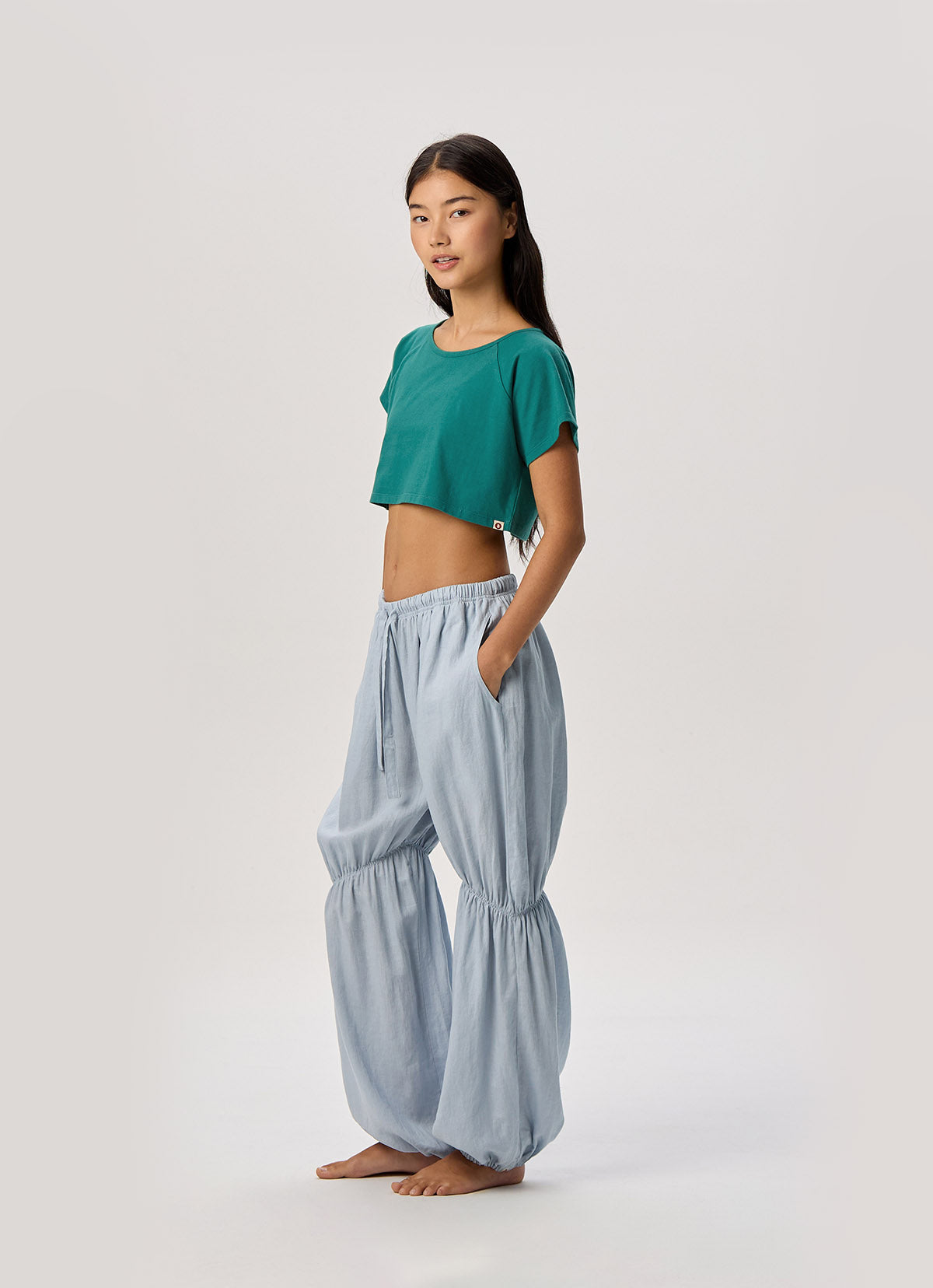 Linen shirring pants_Light Blue