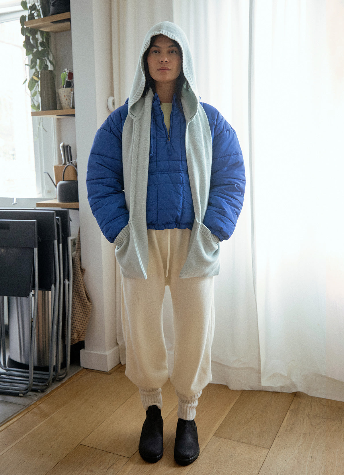 Grid padded hoodie_Blue Quartz