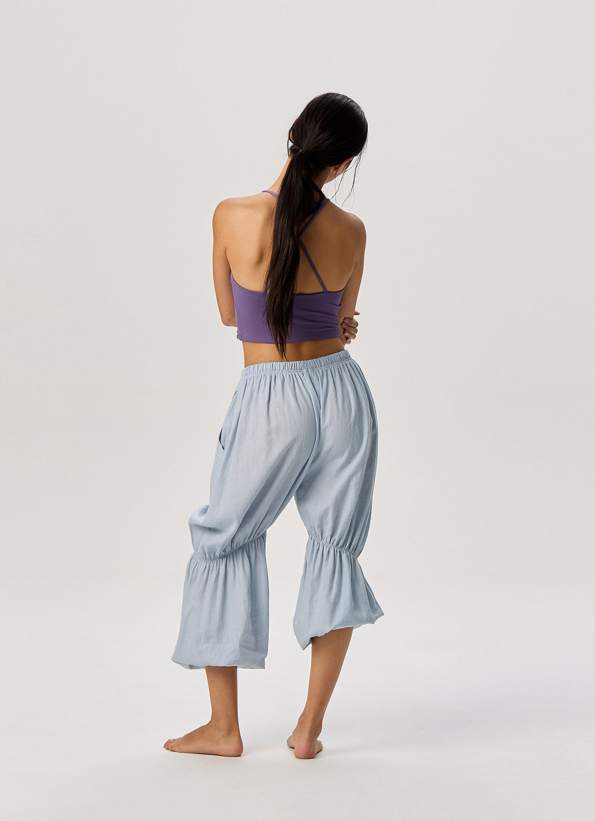 Linen shirring pants_Light Blue