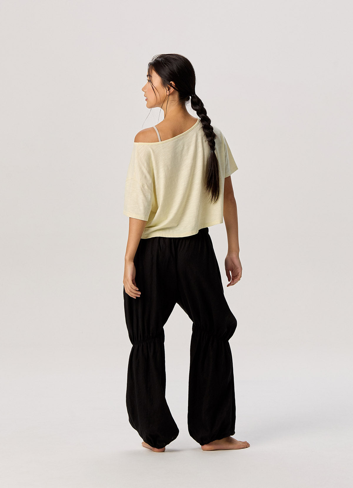 Linen shirring pants_Black