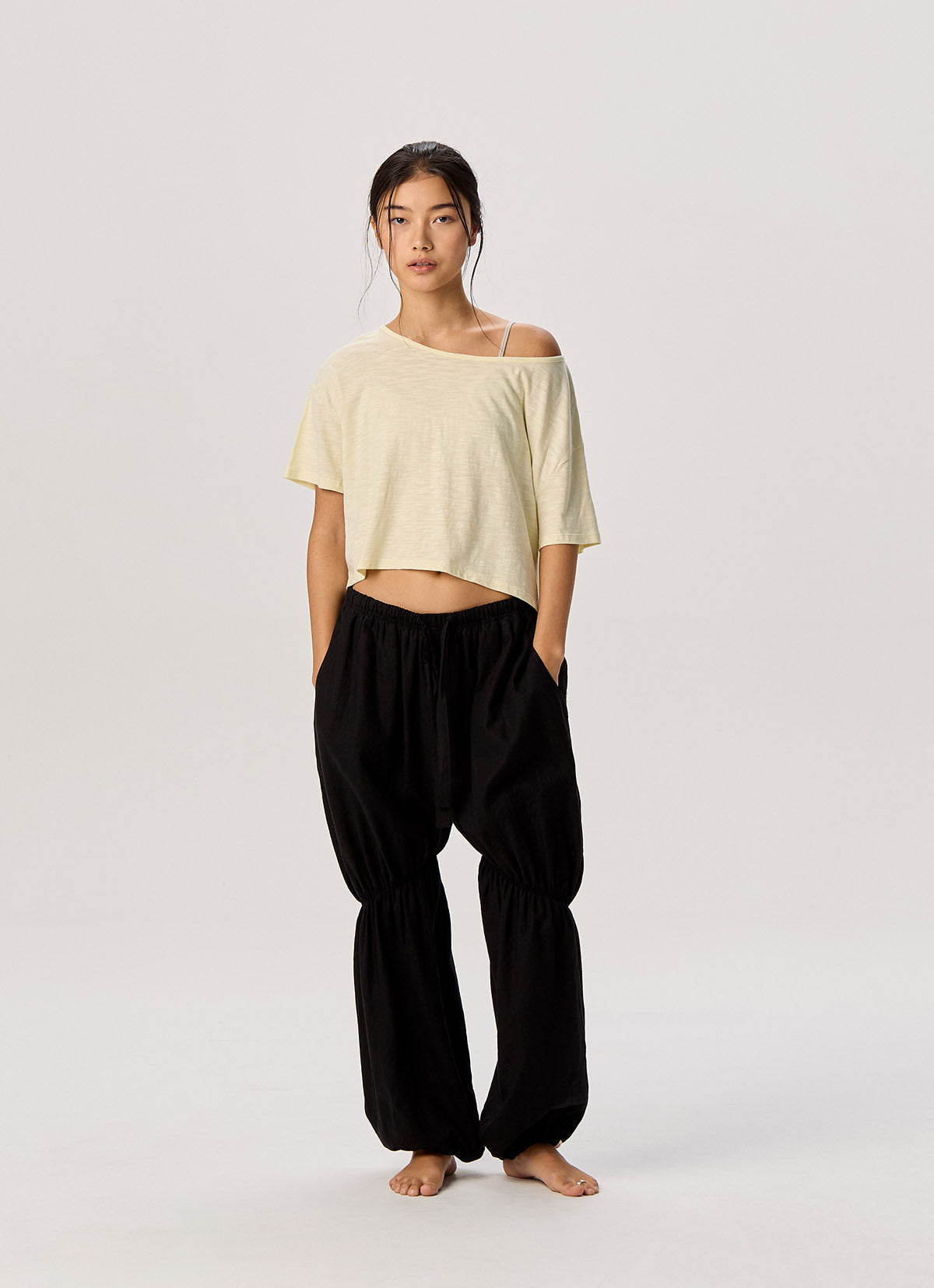 Linen shirring pants_Black
