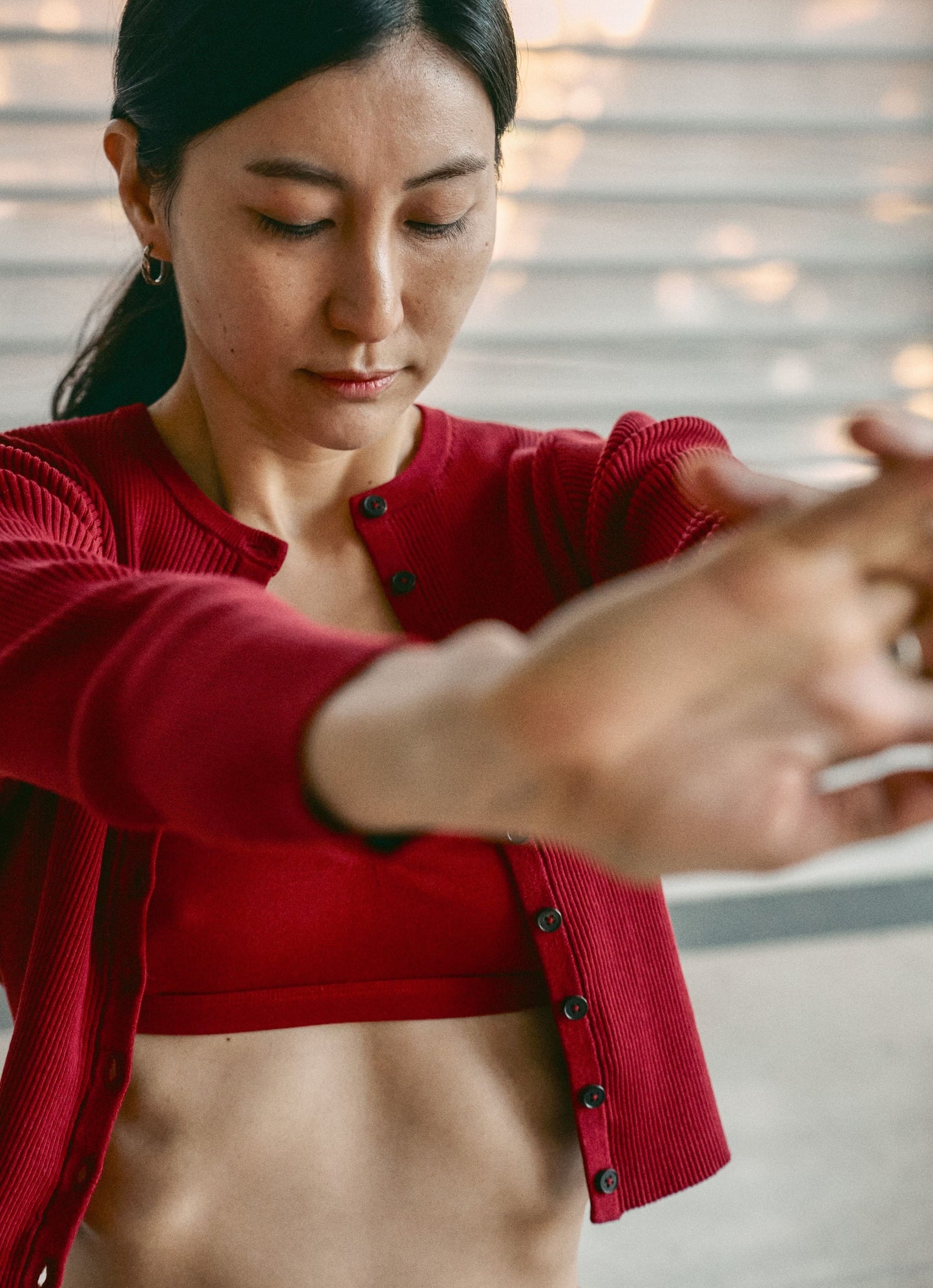 Button-up rib cardigan_Rythmic Red